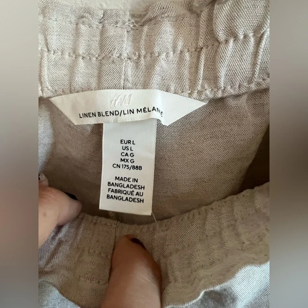 H&M Linen Blend Pants Women Large Beige Excellent Wide Leg Cropped Elastic Waist